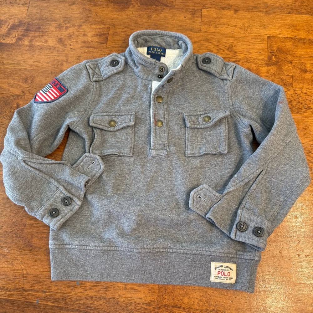 Polo Ralph Lauren Boys Gray Military USA Flag Snap Pullover Sweater size 6
